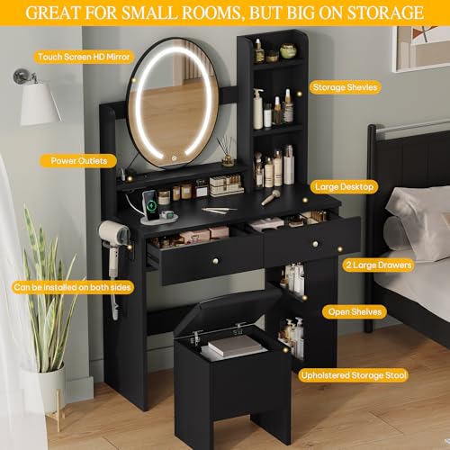 DWVO Vanity Desk with Mirror and Lights, Makeup Vanity Table Set with Power Outlets and Chair, 3 Lighting Colors