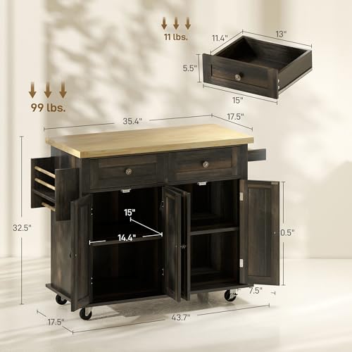HOMCOM Kitchen Island on Wheels, Rolling Cart with Rubberwood Top, Spice Rack, Towel Rack and Drawers for Dining Room, Navy Blue