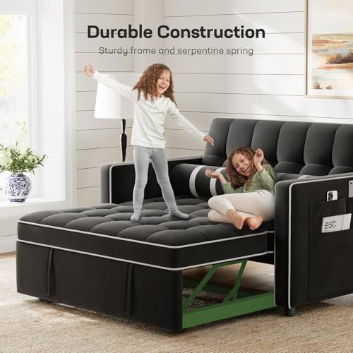 Marsail Sofa Bed, 3-in-1 Convertible Sleeper Sofa, Futon Couch with USB Charging, Side Pockets & Adjustable Backrest, Pull Out Couch for Living Room