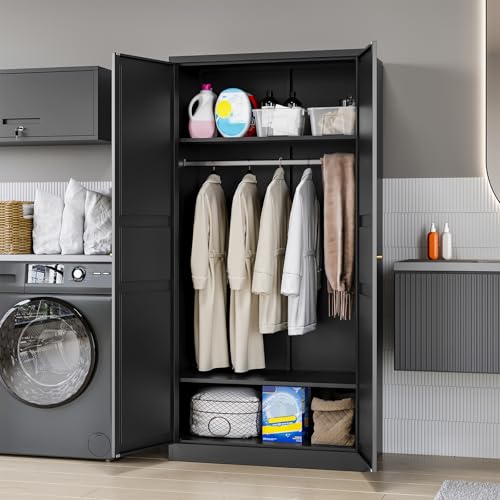 MIIIKO Steel Cabinet Wardrobe, Metal Locker Cabinet with Hanging Rod, Metal Clothing Locker Storage for Home, Office, Garage and Changing Room