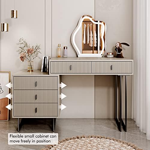 Makeup Vanity Desk with Cloud Lighted Mirror with Power Outlet and LED Strip, 3 Color Lighting Modes with Adjustable Brightness