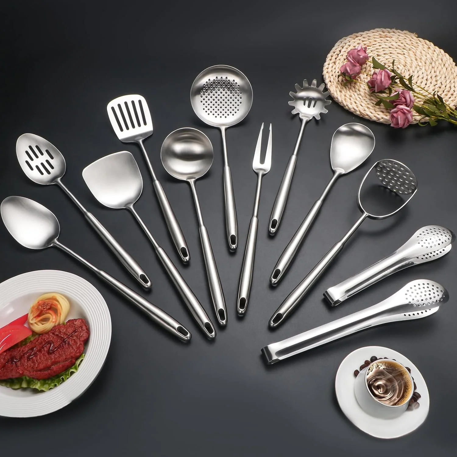 304 Stainlss Steel Kitchen Utensils Set, 12 Pcs Long Metal Cooking Utensil Gadgets Tools Set with Spatula, Ladle, Spoon, Ladle, Skimmer, Tunner