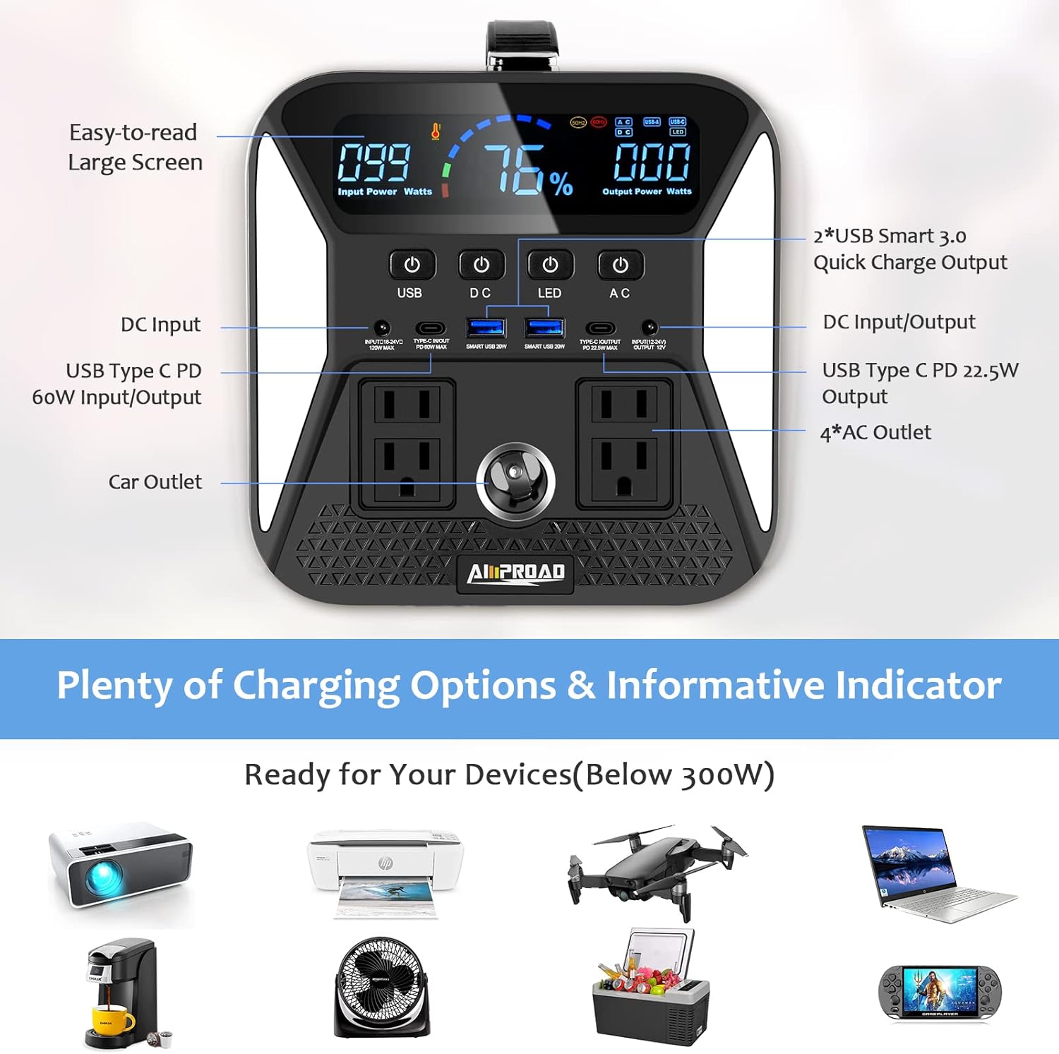 AMPROAD Portable Power Station Epic 300, 300Wh Backup Power Supply with 4*LED Lights and AC/DC/QC USB Ports, Solar Generator for Home Use, Camping