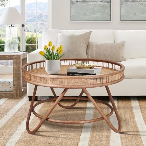 FINECASA Round Rattan Coffee Table, 32'' Wicker Boho Hand-Woven Top