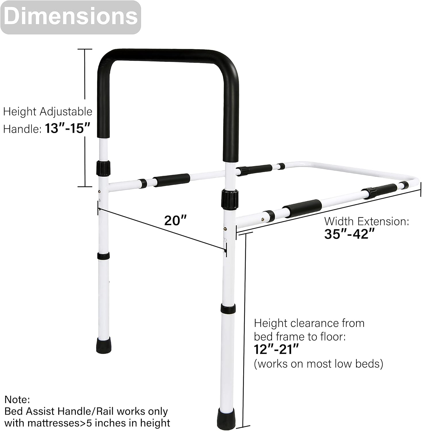 Vaunn Medical Adjustable Bed Assist Rail Handle and Hand Guard Grab Bar, Bedside Safety and Stability (Tool-Free Assembly)