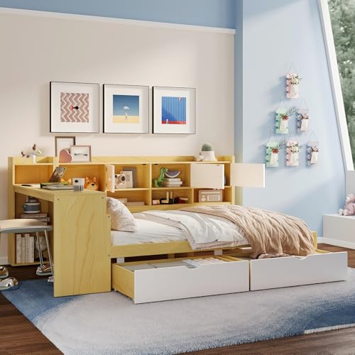Corner Twin Bed Frame with Bookcase Storage and Desk, Wood Day Beds with 2 Drawers, Twin Size Daybed with Storage for Living Room