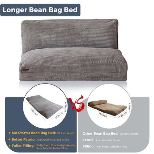 MAXYOYO Bean Bag Bed Folding Sofa Bed Floor Mattress for Adults, Extra Thick and Long Floor Sofa with Corded Washable Cover, Dark Grey, 30x95 Inch