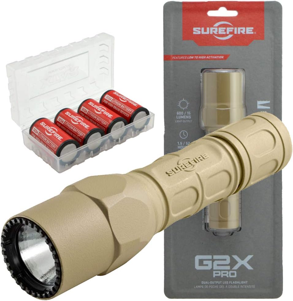 SureFire G2X Pro 600 Lumen Tactical EDC Flashlight Bundle with 4 Extra CR123A Batteries and Lightjunction Battery Case (Tan)
