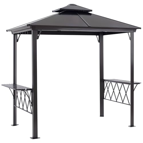 Outsunny 9' x 5' Grill Gazebo, Hardtop BBQ Gazebo Canopy with 2-Tier Polycarbonate Roof, Shelves Serving Tables and Hooks