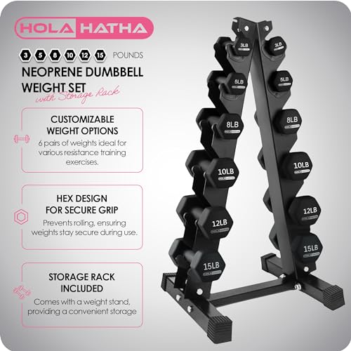 HolaHatha Neoprene Dumbbell Free Hand Weight Set with Rack, Ideal for Home Exercises to Gain Tone and Definition