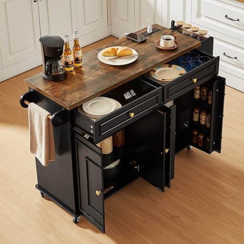 58" Mobile Kitchen Island, Kitchen Island Cart with Power Outlet, Island Table for Kitchen, Home Bar Carts with Storage