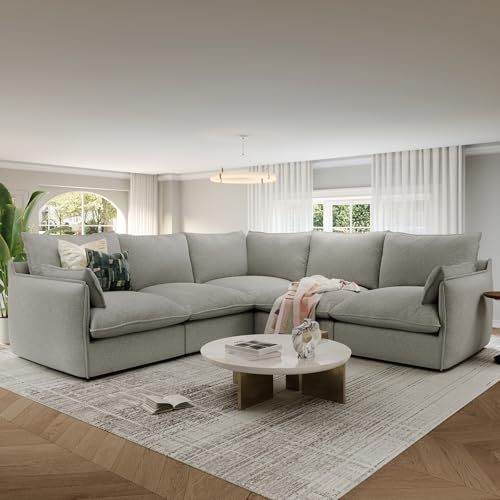 Cloud Modular Sectional Sofa, Waterproof Down Filled Sectional Sofas, High Backrest V Shaped 5 Seater Sectional Couches for Living Room