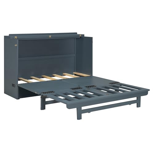 Merax Full Size Murphy Bed Cabinet with USB Charging Station and Large Storage Drawer, Foldable Pull Out Murphy Chest Bed for Apartments, Bedrooms