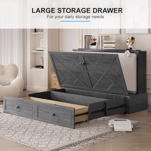 PUREMIND Queen Murphy Bed with Storage Drawers, Camas Con Colchon Incluido, Hideaway Chest Beds with Built-in Charging Station