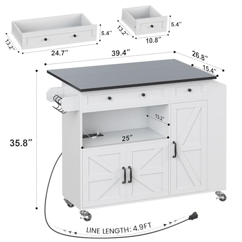 Kitchen Island with Drop Leaf, Rolling kitchen island with power outlet and Led Light, Kitchen Island with Storage Cabinet, Spice Rack, Drawer