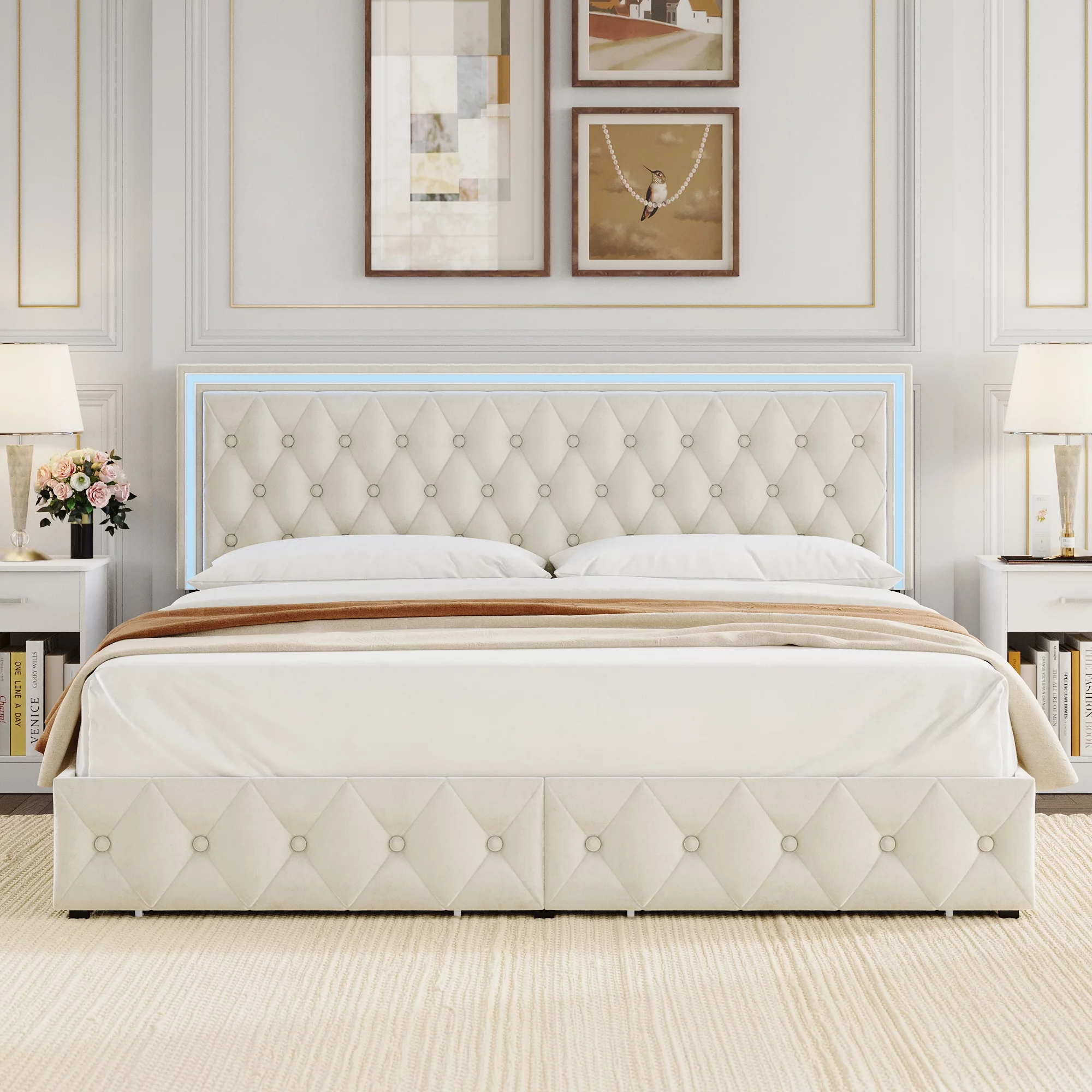 Homfa King LED Bed, 9 Colors LED Lights Platform Bed Frame with 4 Storage Drawers, Adjustable Upholstered Headboard with Button Tufted, Velvet Beige