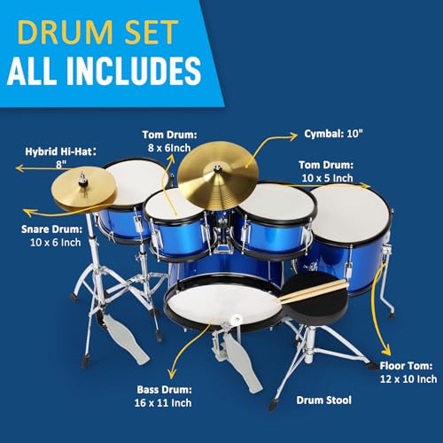 Ktaxon 5-Piece Complete Junior Drums Set, 14 Inch Beginners Drum Kit with Throne Stool, Pedal & Drumsticks, Kids Drums Musical Instruments W/Cymbal