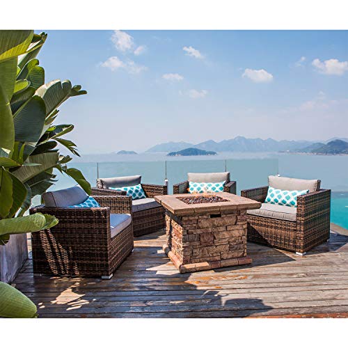 COSIEST Outdoor Propane Concrete Fire Pit Table w Imitation Stone Surface 32-inch Round Fire Table, CSA Certified, 40,000 BTU Stainless Steel Burner