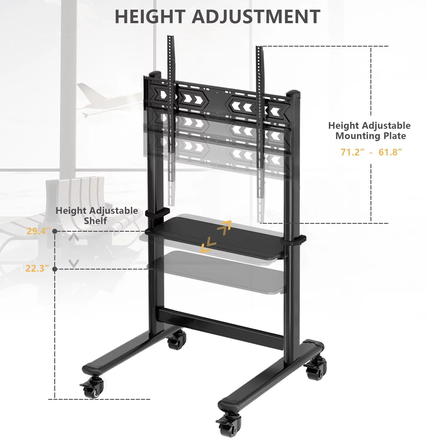 Black Mobile TV Stand Rolling TV Cart for 55 to 90 inch Flat Screen TVs，Holds Up to 200lbs