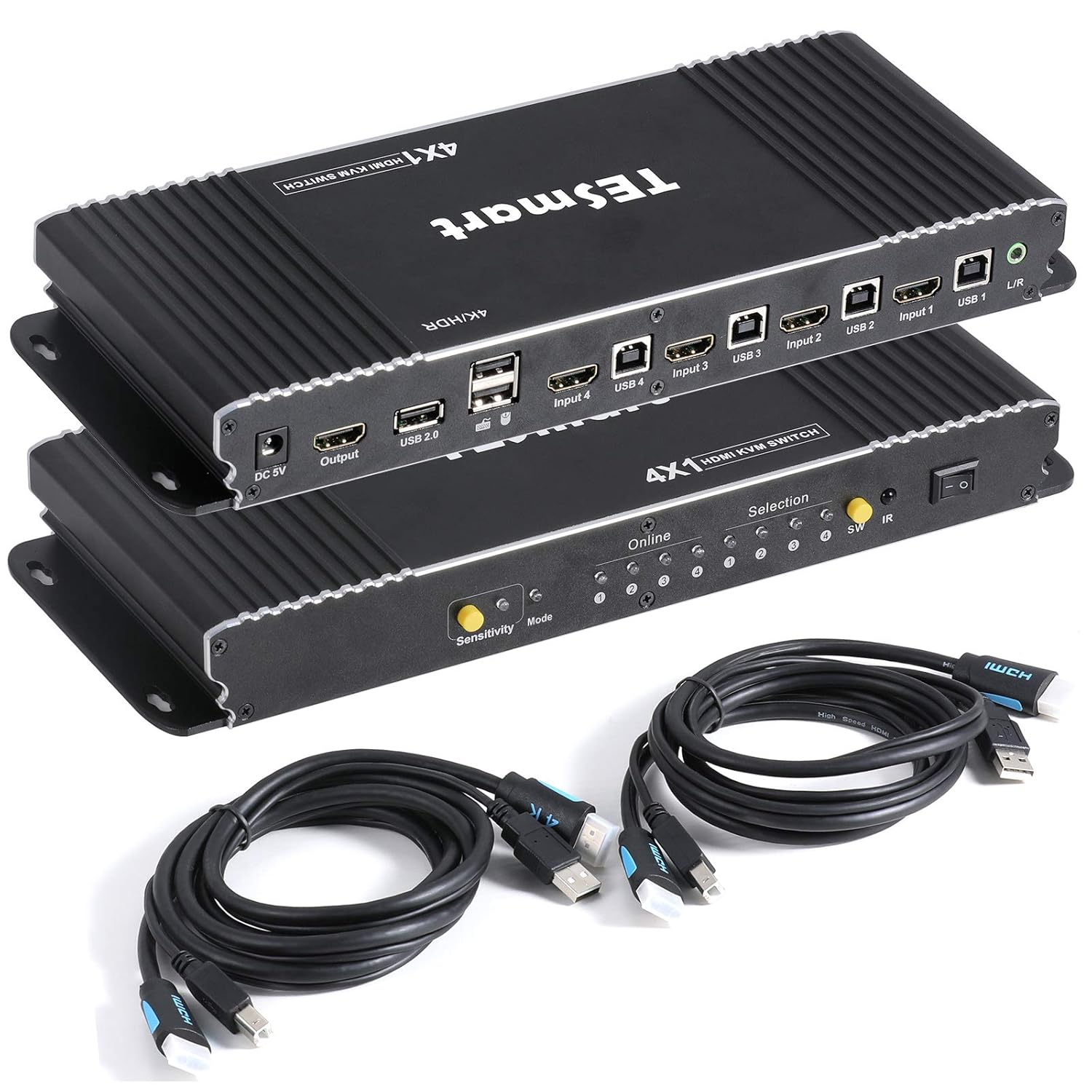 TESmart Newest HDMI KVM Switch 4 Port 4K@60Hz Ultra HD 4x1 with 2 Pcs 5ft KVM Cables Supports Keyboard & Mouse Pass Through USB 2.0 Device (Black)
