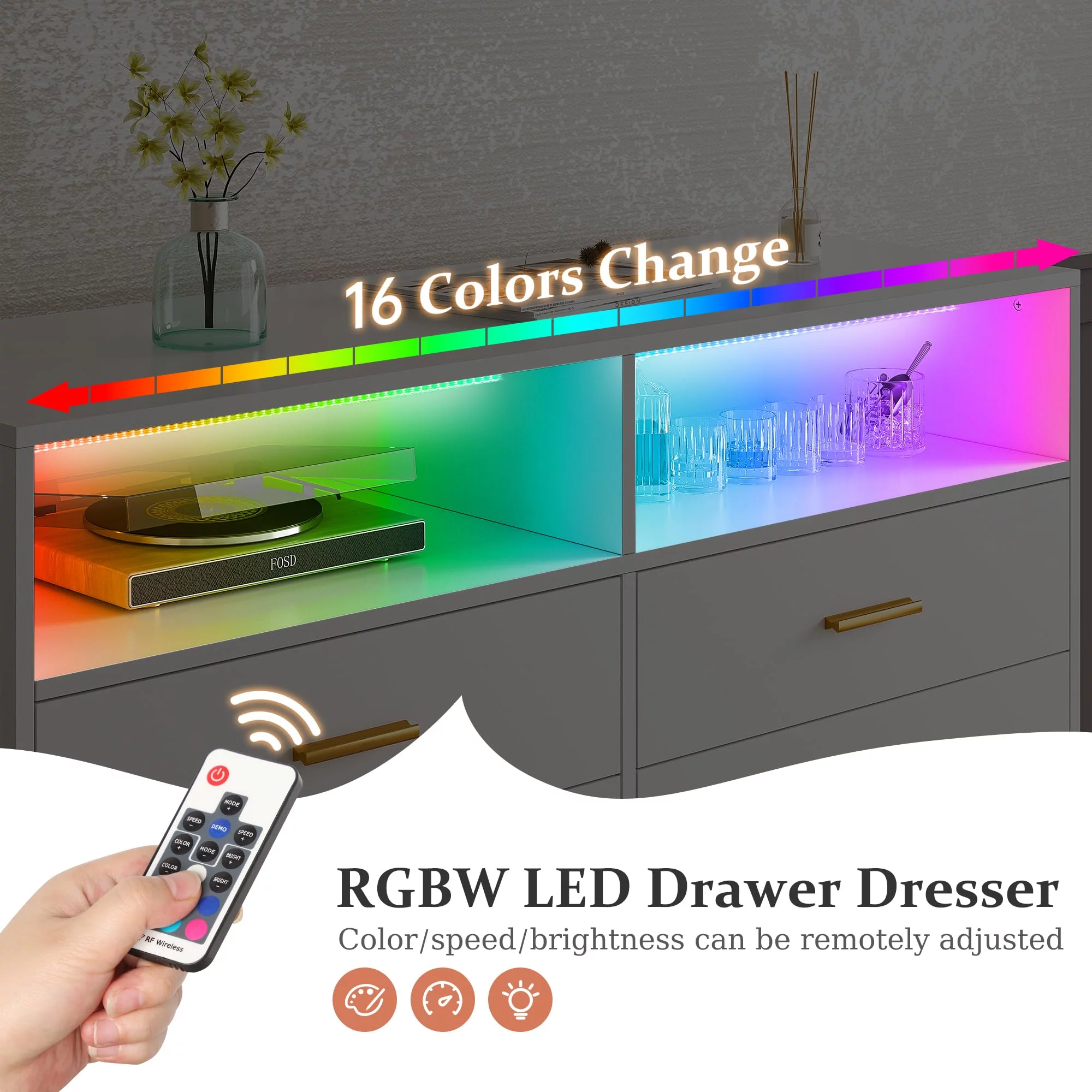 EnHomee Dresser, White Dresser with 6 Deep Drawers, Drawer Dresser with LED Lights, TV Stand Dressers & Chests of Drawers Wood Dresser for Bedroom