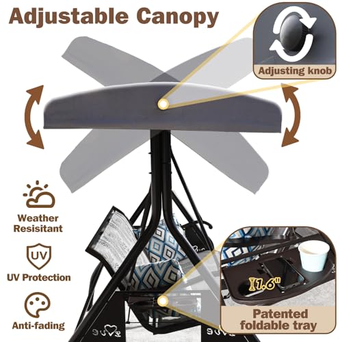 3 Person Patio Swing Outdoor Swing for Adults with Adjustable Canopy &Upgraded Cup Holders Textilene Fabric Porch Swing Chair with Stand Heavy Duty