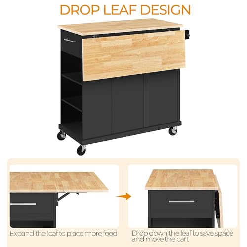 Yaheetech Rolling Kitchen Island Cart with Drop Leaf, Portable Rubberwood Breakfast Bar with Storage Cabinet, Open Shelves & Detachable Towel