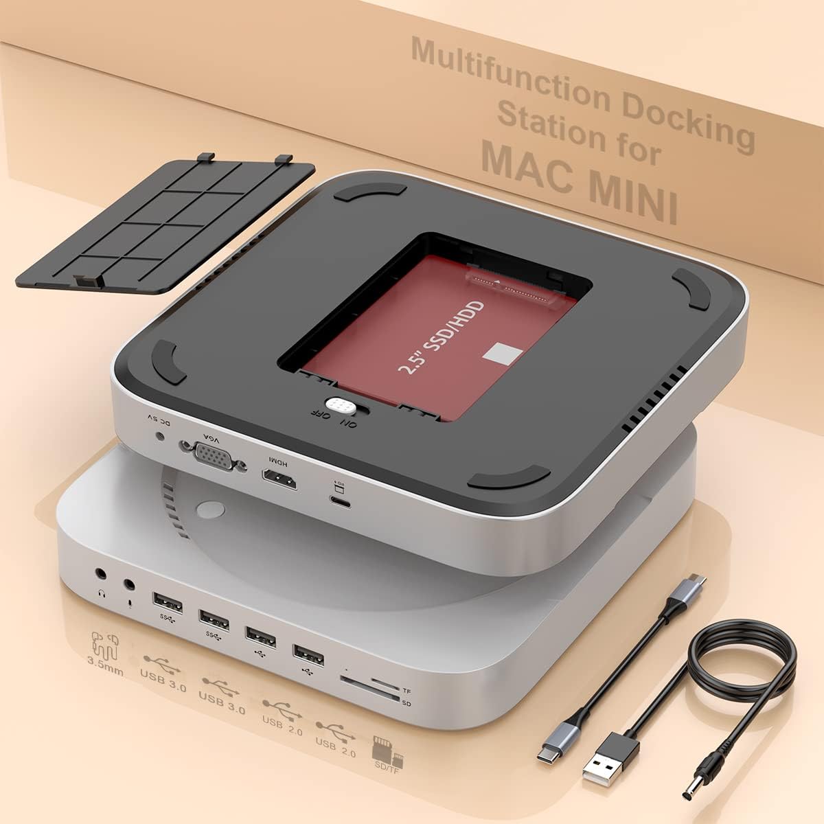 Mac Mini Dock with Hard Drive Enclosure,12 in 1 USB-C Docking Station for Mac Mini M1with HDMI,VGA,SSD/HDD Slot,USB 3.0,USB 2.0,TF/SD Card Solt