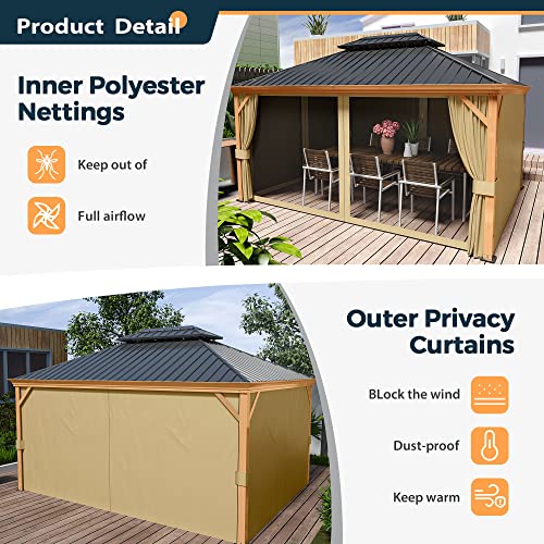 HAPPATIO 10' x 12' Hardtop Gazebo with Netting and Curtains, Double Roof Permanent Patio Metal Gazebo Canopy for Patio, Deck, Backyard （Gray）