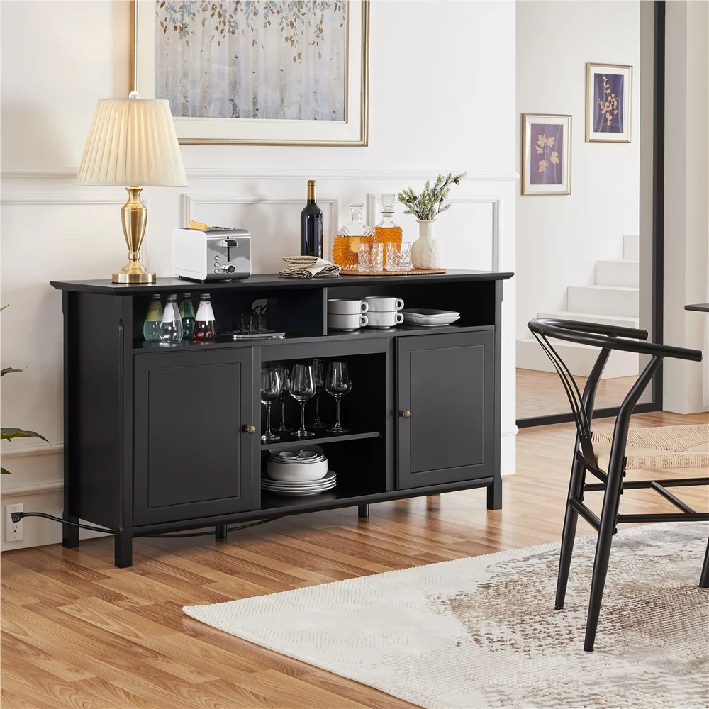 Easyfashion 58in Width Modern TV Stand TV Console with Power Outlet for TVs up to 65in, Black