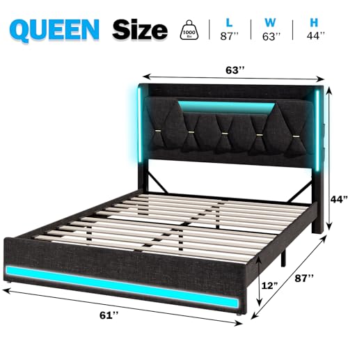 King LED Bed Frame with Hidden Storage and 2-Tier Storage Shelvs Headboard,Bed Frame with Charging Station and LED Lights,No Box Spring Needed