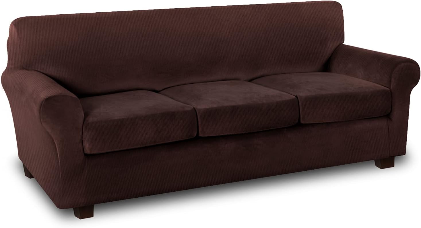 Thick Striped Velvet 4 Piece Stretch Sofa Covers Couch Covers for 3 Cushion Couch Sofa Slipcovers (Base Cover Plus 3 Cushion Covers) Feature Soft