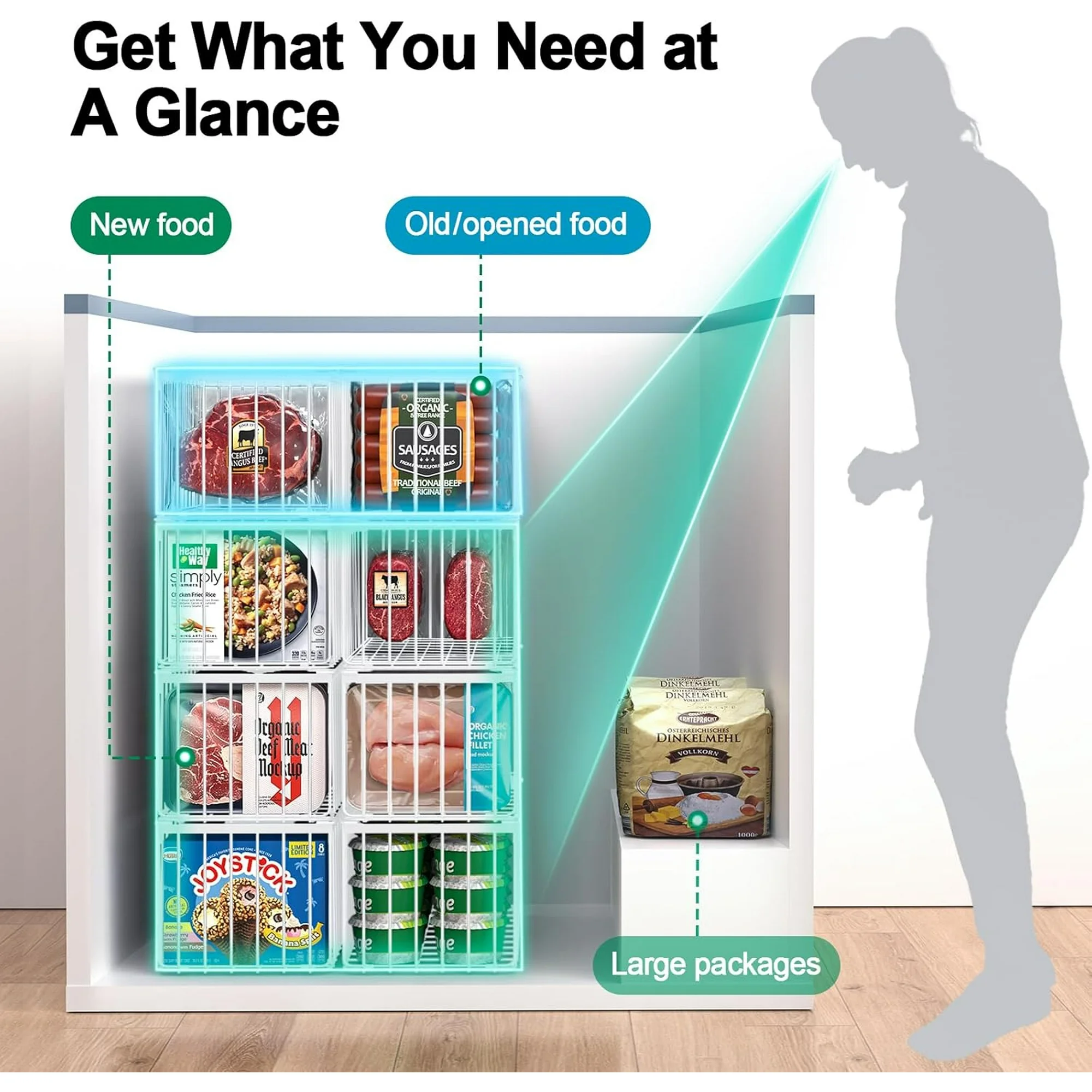 Organizer Bins, 4 Pack Stackable Deep Chest Freezer Organizer Bins, Foldable Baskets with Handles