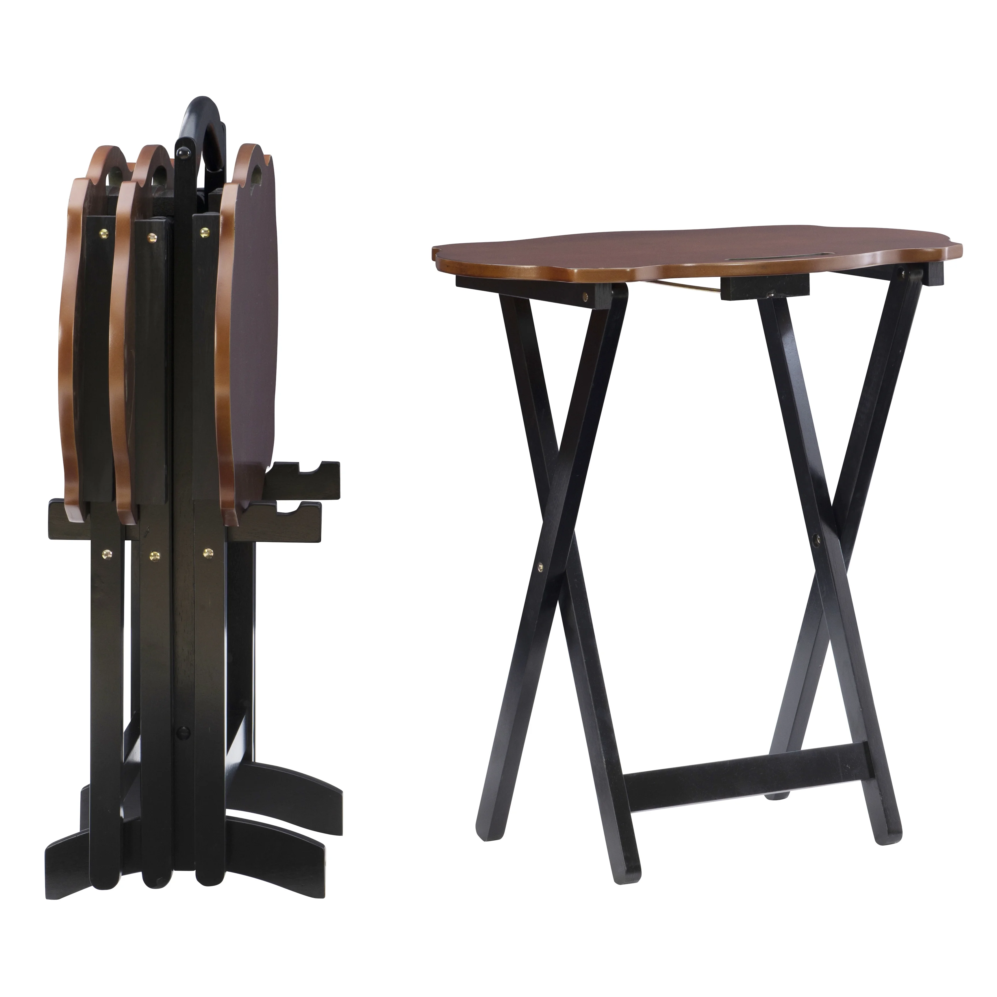 Powell Serpentine 5-Piece Indoor Folding Side Table, Snack, or TV Tray Set with Stand, 26" Tall, Hazelnut/Black