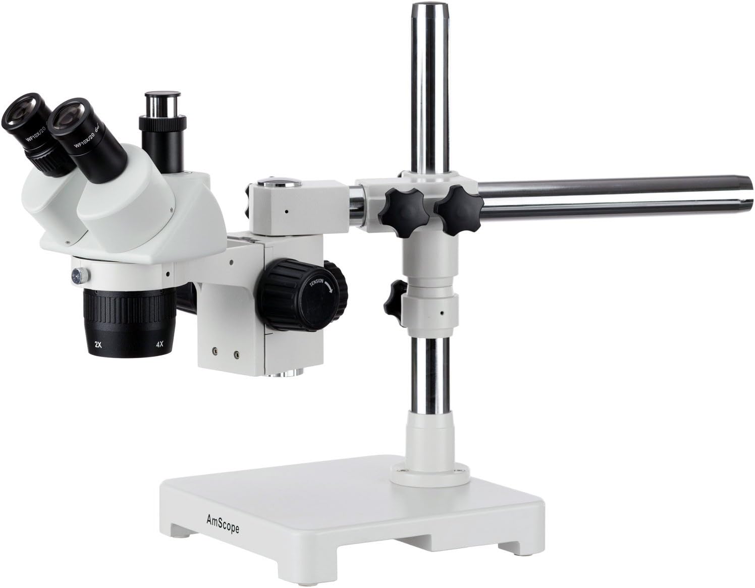 AmScope SW-3T24X Trinocular Stereo Microscope, WH10x Eyepieces, 10X/20X/40X Magnification, 2X/4X Objective, Single-Arm Boom Stand
