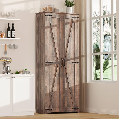 72" Tall Farmhouse Kitchen Pantry Cabinet, Large Storage Cabinet with 6 Adjustable Shelves, 4 Barn Doors & Drawer for Bathroom, Dining Room, Brown
