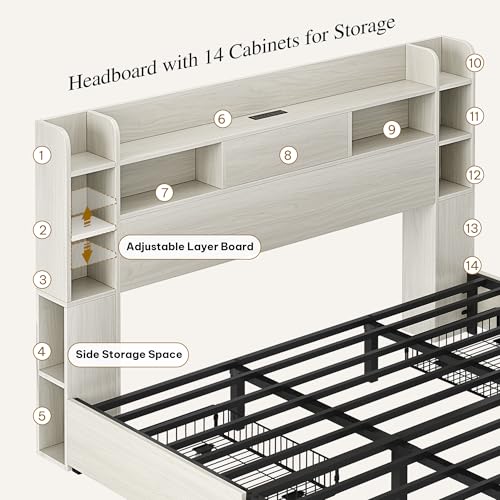 YITAHOME Queen Bed Frame with Bookcase Headboard and 4 Storage Drawers, RGB LED Bed Frame with Type-C & USB Charging Station Storage Headboard Bed