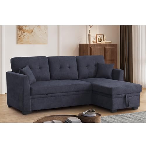 L-Shaped Pull Out Sleep Sofabed,Modern Reversible Sleeper Sectional Sofa Chenille Upholstered Button Tufted Decor with Storage Chaise