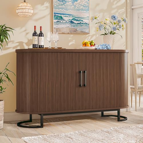 Sideboard Buffet Cabinet with Storage, 54.3" Fluted Tambour, Adjustable Shelves, Mid Century Modern Console for Living Room Kitchen Walnut