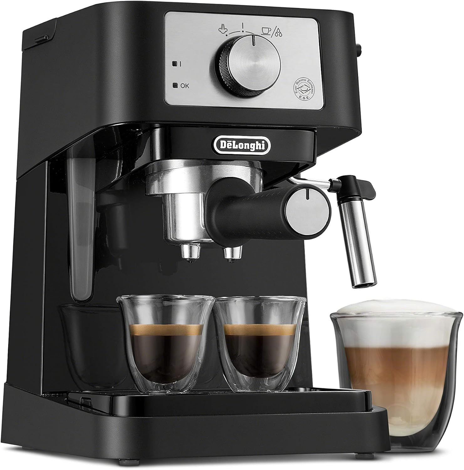 De'Longhi Stilosa Manual Espresso Machine, Latte & Cappuccino Maker, 15 Bar Pump Pressure + Manual Milk Frother Steam Wand, Black/Stainless