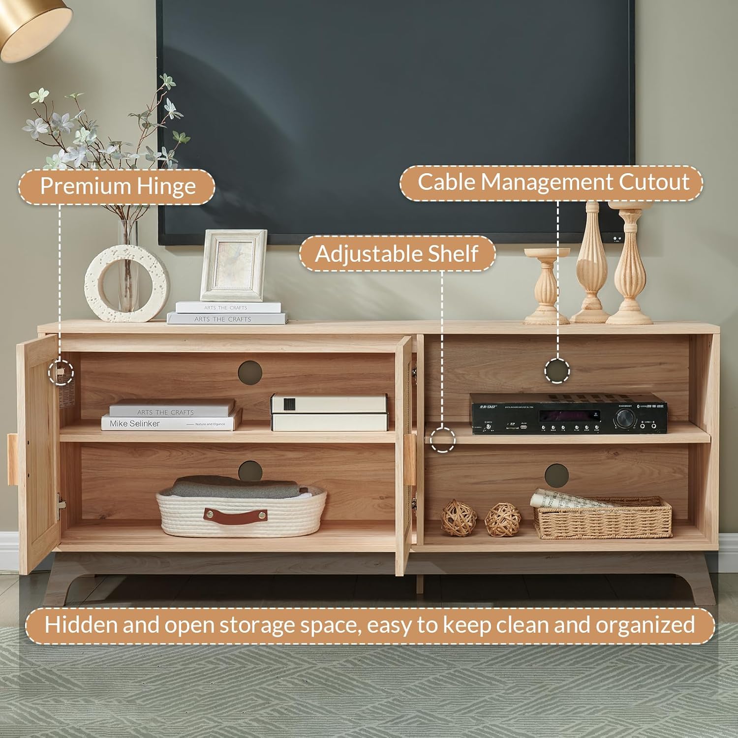 Okvnbjk TV Consoles for Living Room, Mid Century Modern TV Stand for 65 Inch TV, Rattan Entertainment Center
