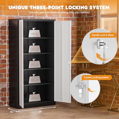 Greenvelly Steel SnapIt Storage Cabinet 72" Locking Metal Garage Storage Cabinet with 4 Adjustable Shelves, 2 Doors and Lock for File, Office, Garage