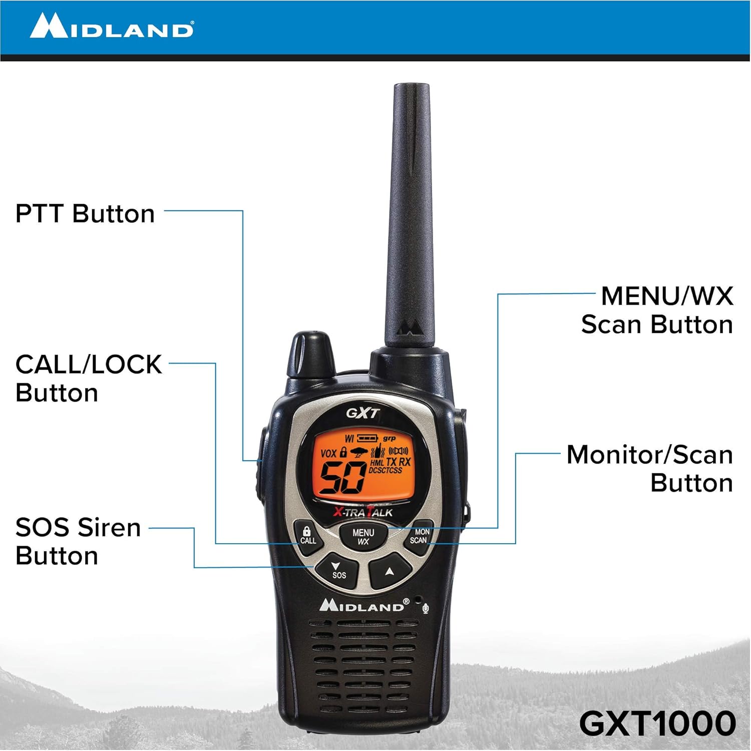 Midland GXT1000 GMRS Walkie Talkie - Long Range Two Way Radio with NOAA Weather Scan + Alert, 50 Channels, and 142 Privacy Codes (Black/Silver