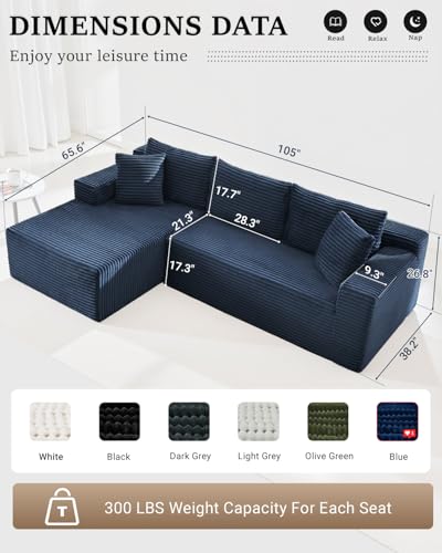 105 Inch Cloud Sectional Couch,Modern Modular Sectional Sofa with Deep Seat,Corduroy Boneless Couches with L-Shape Chaise for Living Room Bedroom