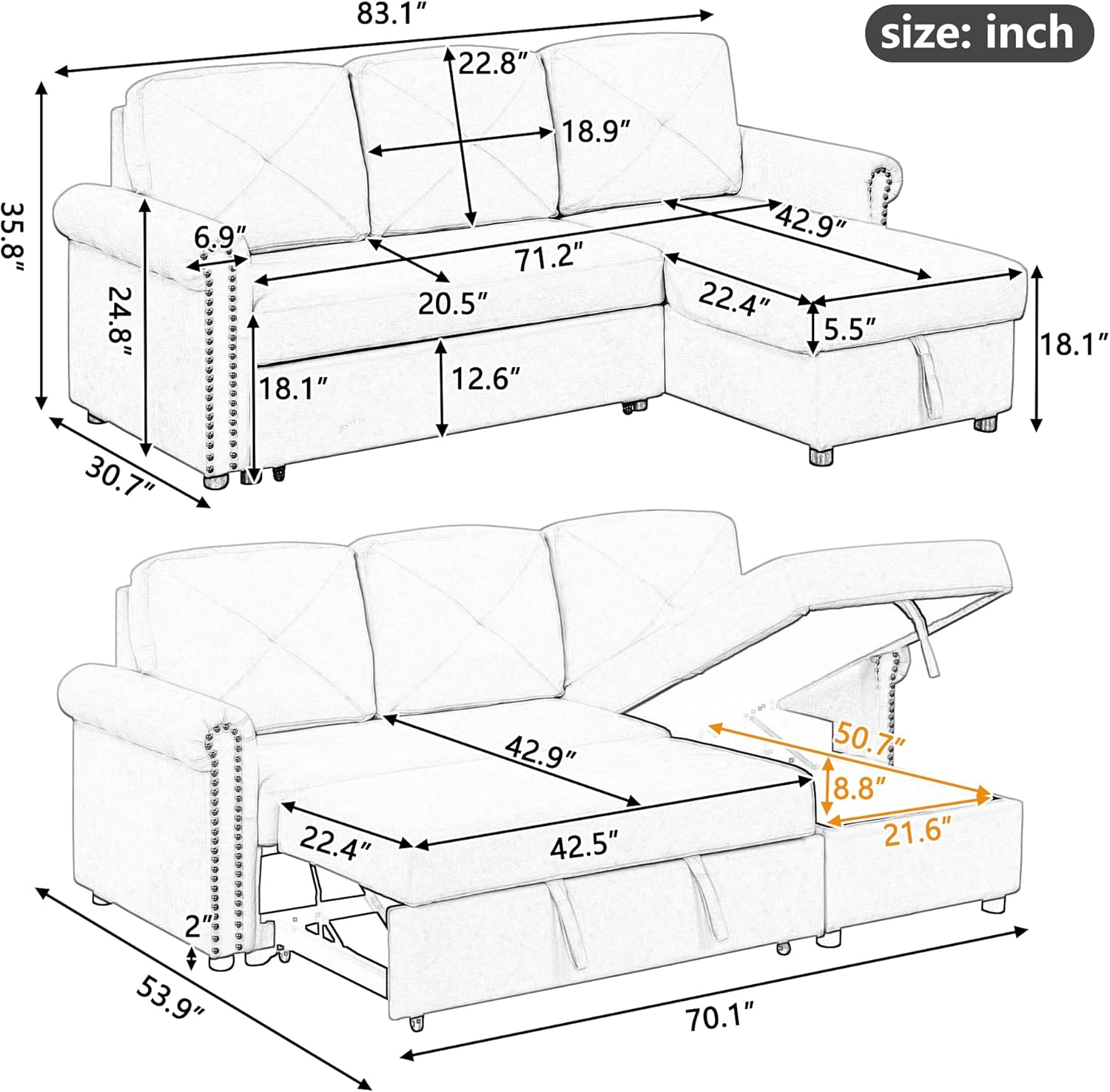 NicBex Pullout Couch Bed Modular Couch Convertible Chair to Bed Modern Convertible Sleeper Sofa Bed with Storage Chaise Suitable for Apartments