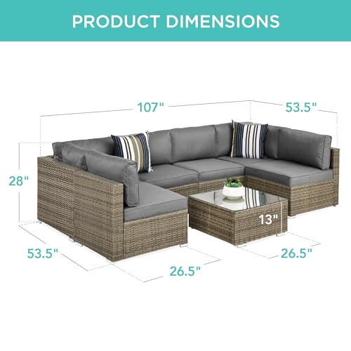 Best Choice Products 7-Piece Modular Outdoor Sectional Wicker Patio Conversation Set w/ 2 Pillows, Coffee Table, Cover Included - Gray/Navy