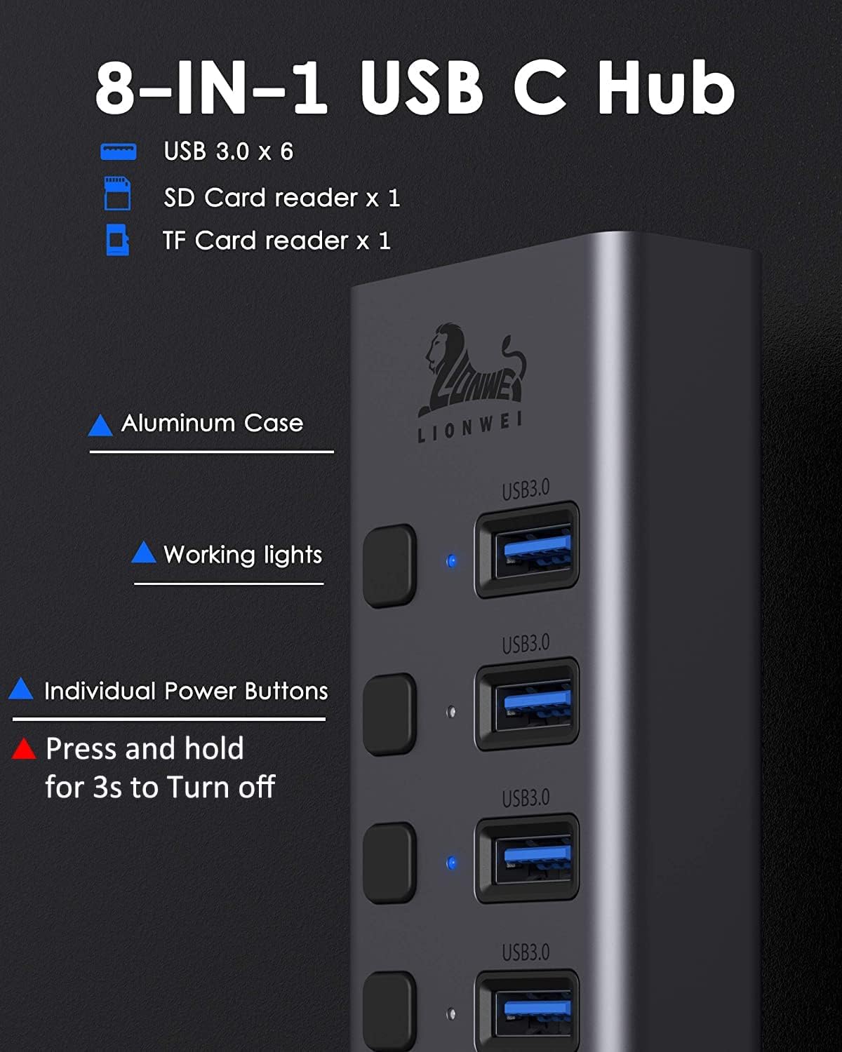 Universal 8-Port Powered USB 3.0/USB C Hub, Aluminum USB Splitter with 6 USB 3.0 Data Ports, SD/TF Card Readers, On/Off Power Switches, AC Adapter