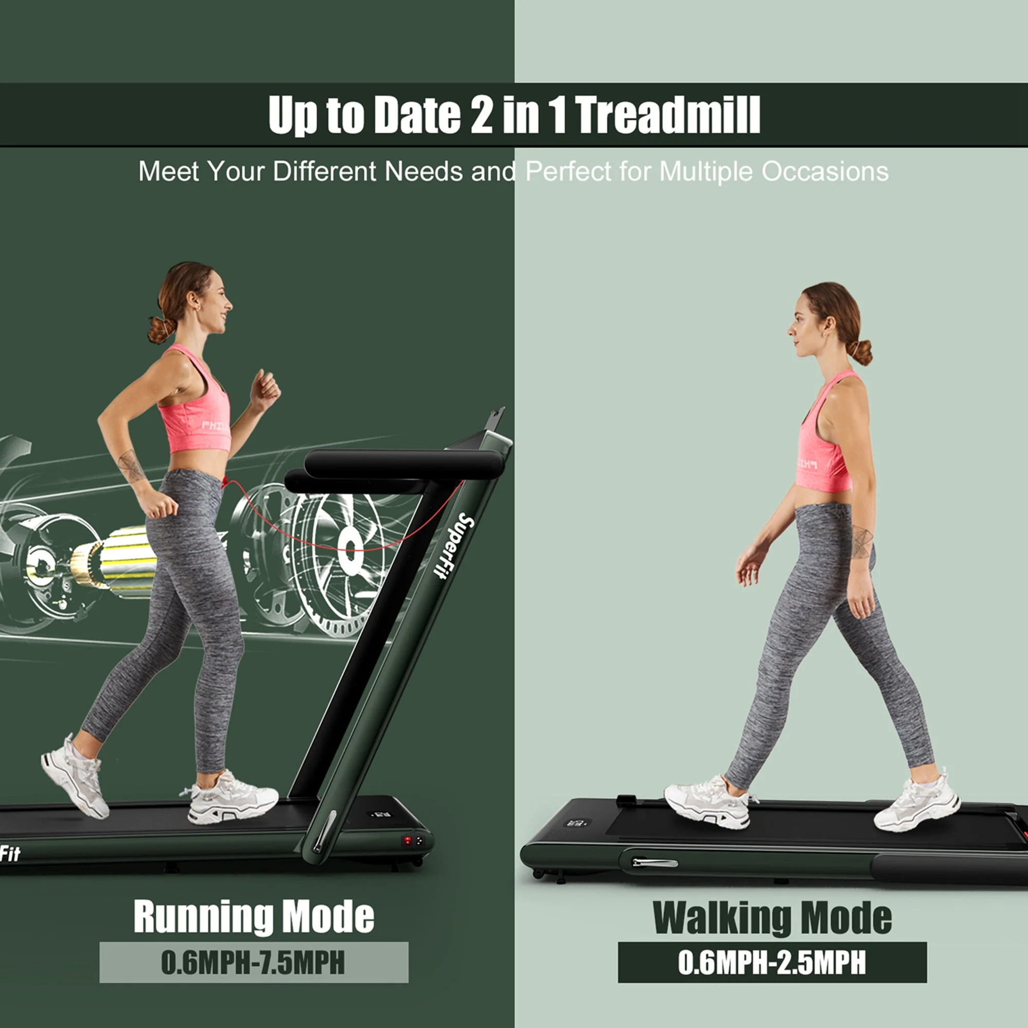 SuperFit Up To 7.5MPH 2.25HP 2 in 1 Single Display Screen Folding Treadmill W/ APP Control Speaker Remote Control Blue