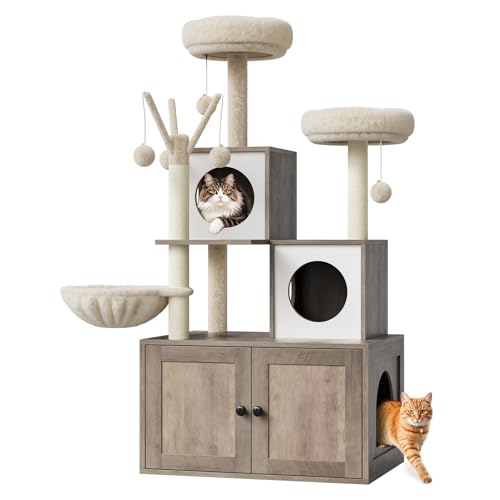 57.5-Inch Cat Tree with Litter Box Enclosure 2-in-1 Modern Cat Tower with Cat Condo/Hammock/Scratching Post/Plush Perch/Removable Pompom Sticks/Caves