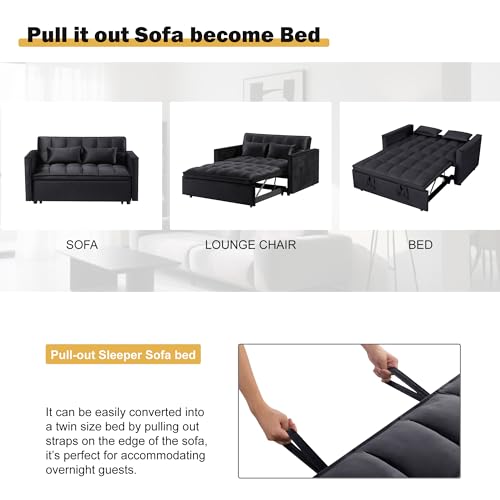 3 in 1 Sleeper Sofa Bed, Futon Sofa Bed for Living Room with Side Pocket, Black Sleepers Sofa Couch with Pullout Bed